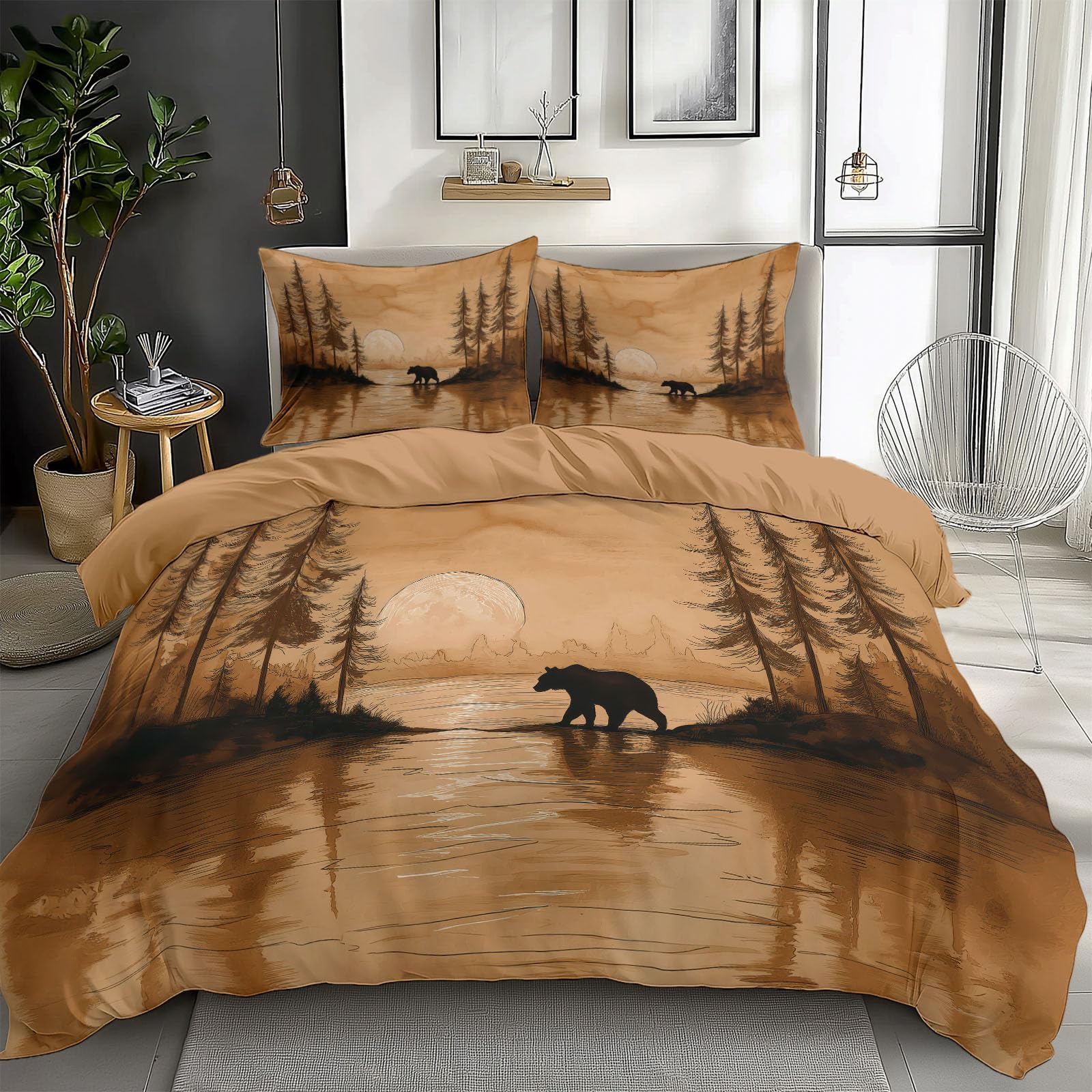 Générique 140 x 200 cm Zestaw pościeli Beżowy, Krajobraz Zachód Słońca Rozproszenie Niedźwiedzia Poszwa na kołdrę 3D Drukowana Pościel Poszwa na kołdrę z mikrofibry z zamkiem błyskawicznym dla