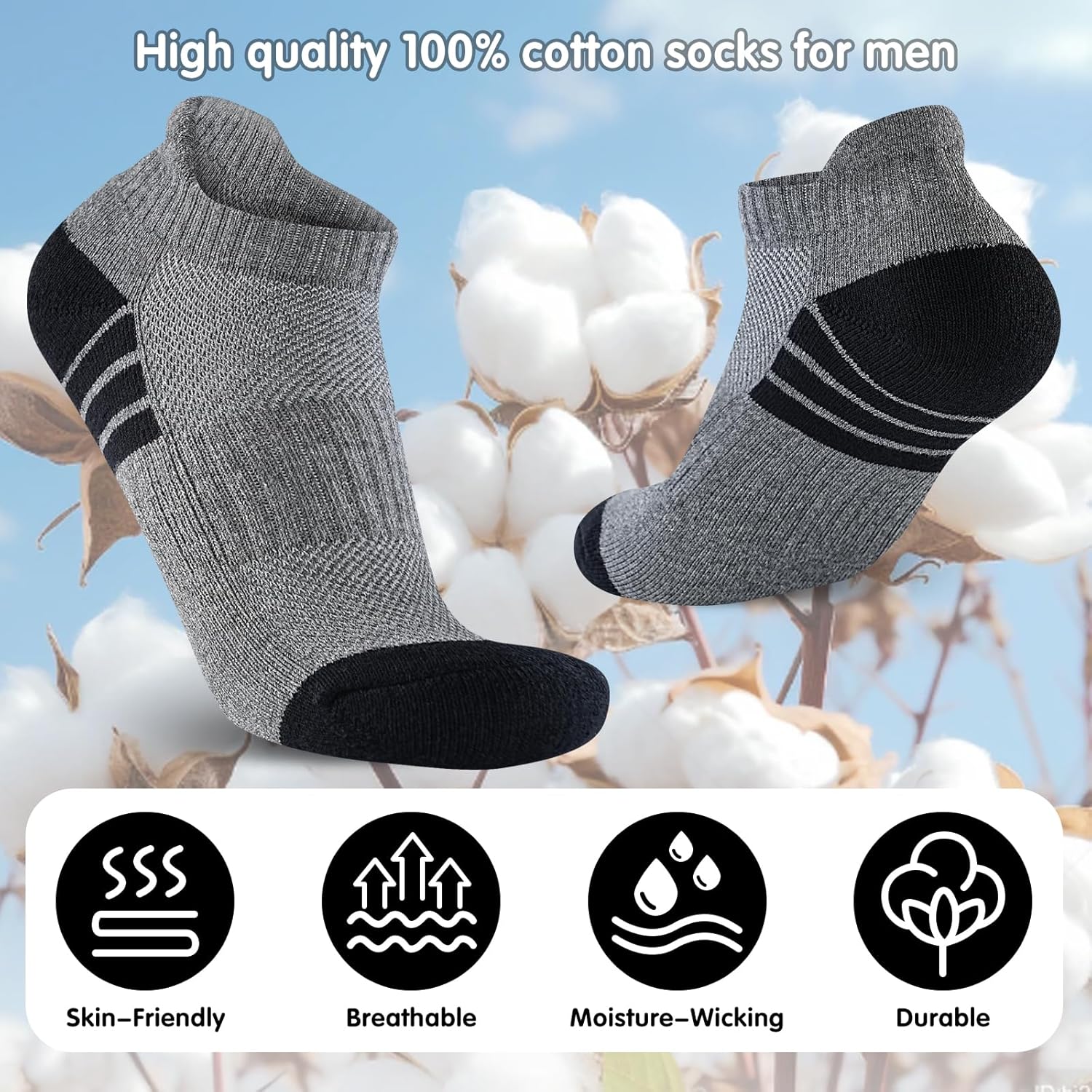 7 Pairs Mens 100% Cotton Cushioned Ankle Socks, Athletic Performance Running Moisture Wicking Breathable Low Cut Socks - Image 6