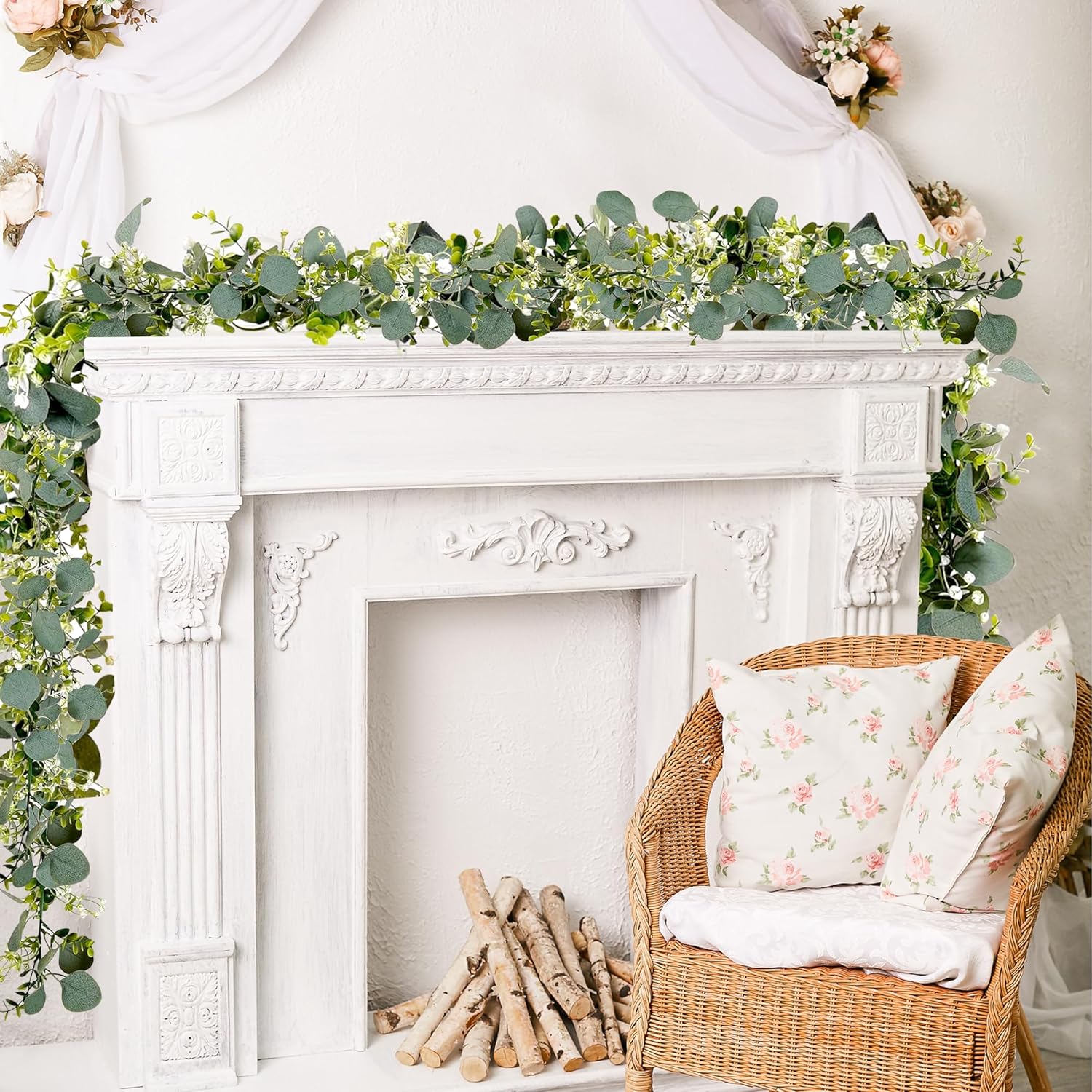 2 Pcs Eucalyptus Garland with White Gypsophila,5.9FT Artificial Greenery Garland Fake Vines Eucalyptus Garland for Wedding Centerpiece Table Party Indoor Outdoor Wall Decor - Image 2