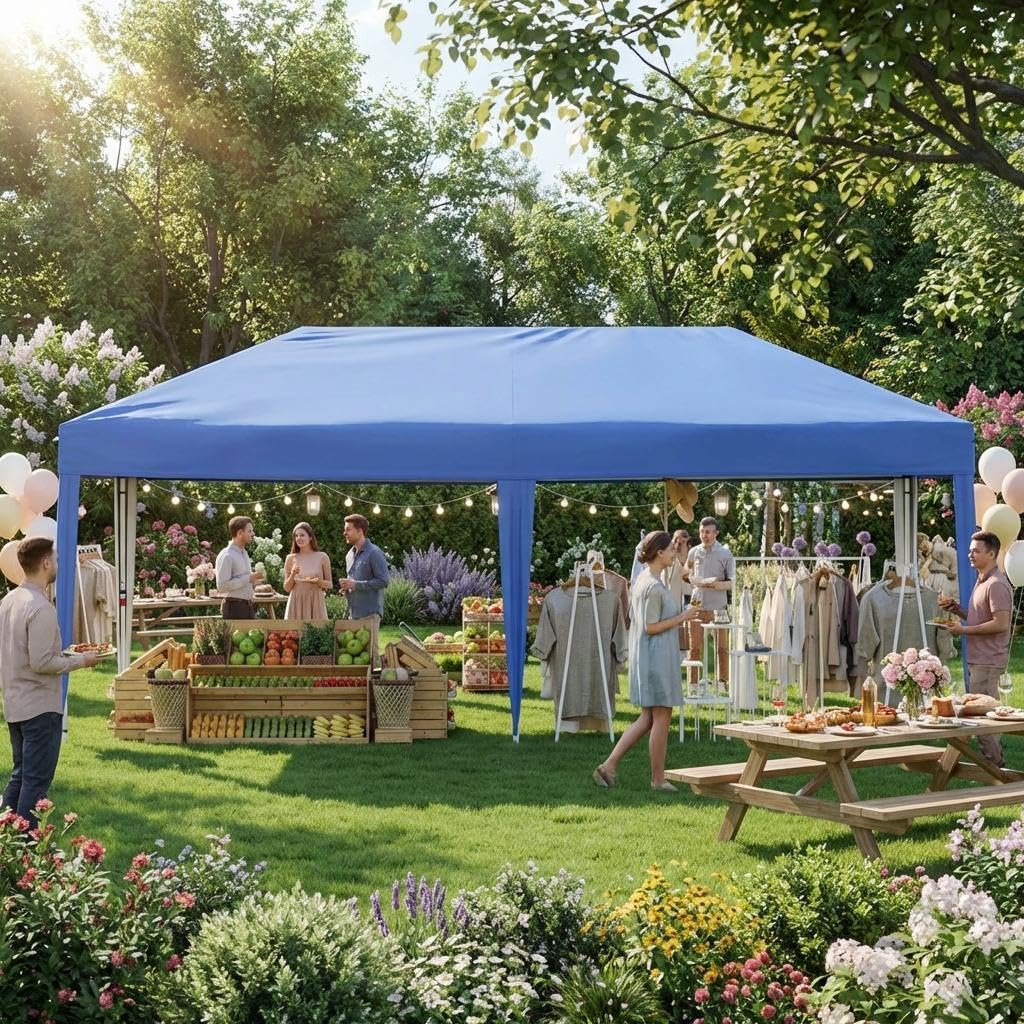 10x20Ft Pop Up Canopy, Instant Canopy Tent with Sidewalls, Outdoor Canopy with Portable Roller Bag, 3 Adjustable Height & 4 Weight Bags, Waterproof, Outdoor Shelter Tent for Beach Events Camping, Blue