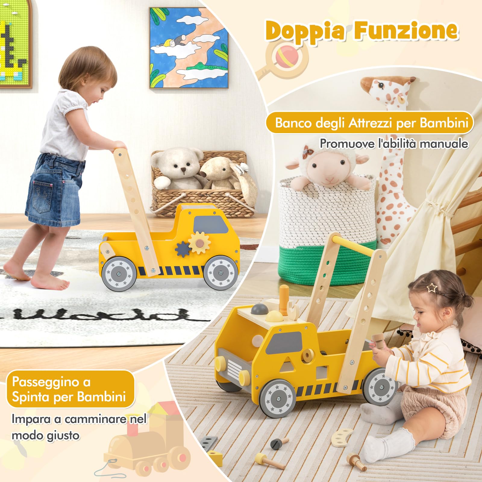 COSTWAY 2-in-1 Primi Passi per Bambini con Altezza Regolabile, Girello in Legno con Banco da Lavoro, Carrello da Spinta con Giocattoli Montessori, Velocità Regolabile, Spazio di Archiviazione