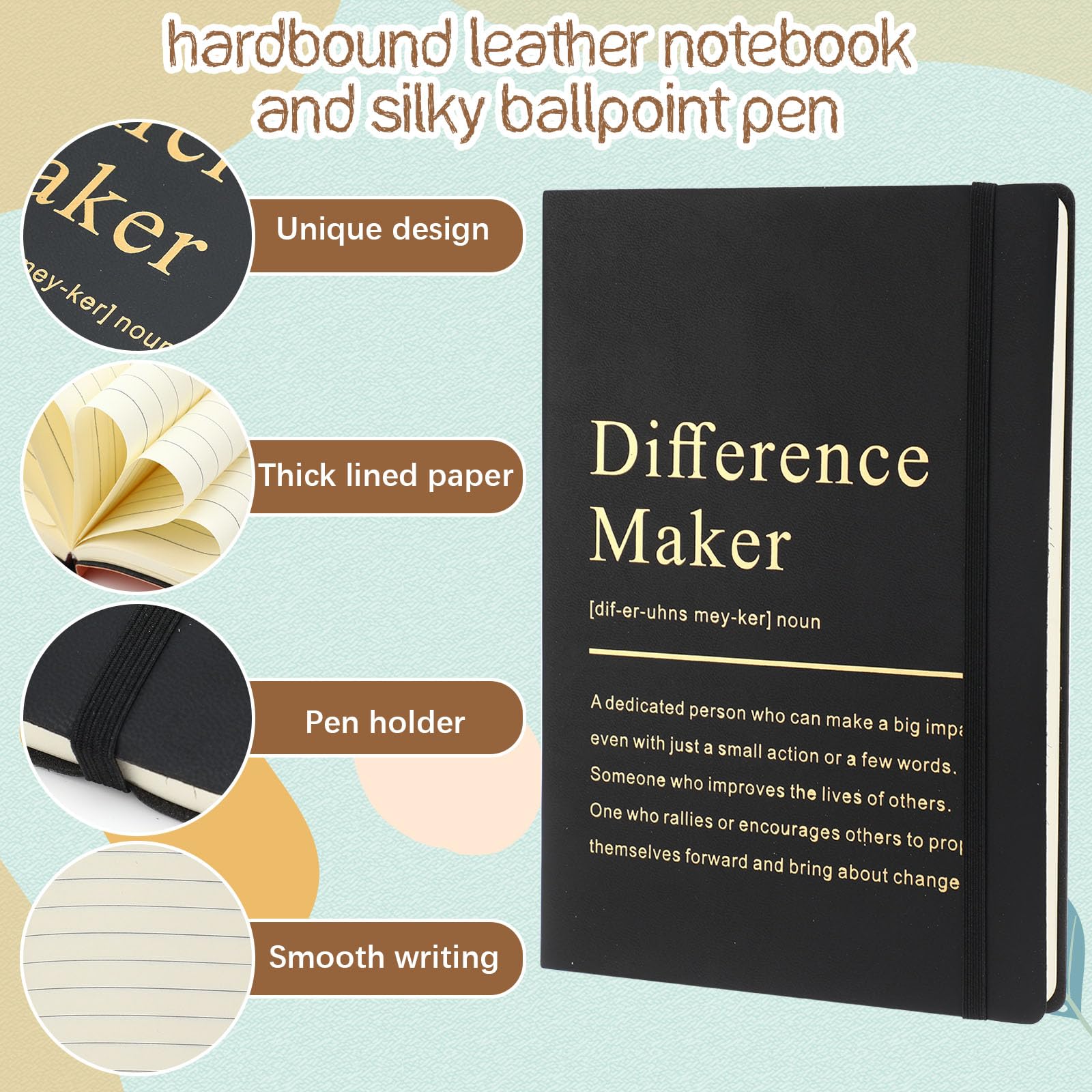 Geiserailie 6 Pcs Difference Maker Gift Employee Appreciation Thank You Gift for Women Teacher Nurse 20 oz Tumbler Leather Journal Ballpoint Pens Makeup Bag for Graduation(Black)
