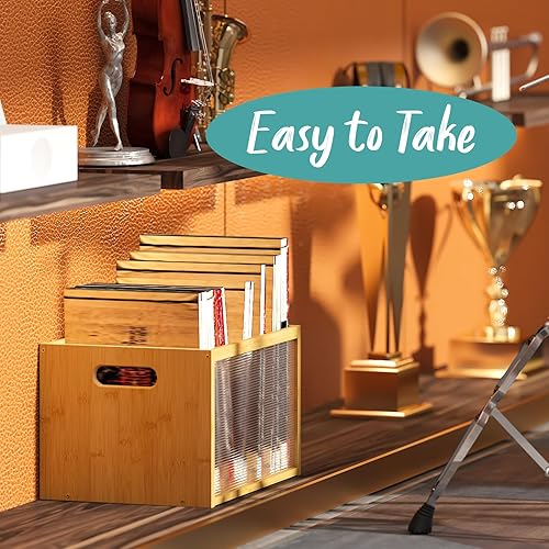 Miniatura 7 de Caja de almacenamiento de discos de vinilo, almacenamiento de madera de bambú, estante de exhibición de álbumes de revistas, elegante organizador