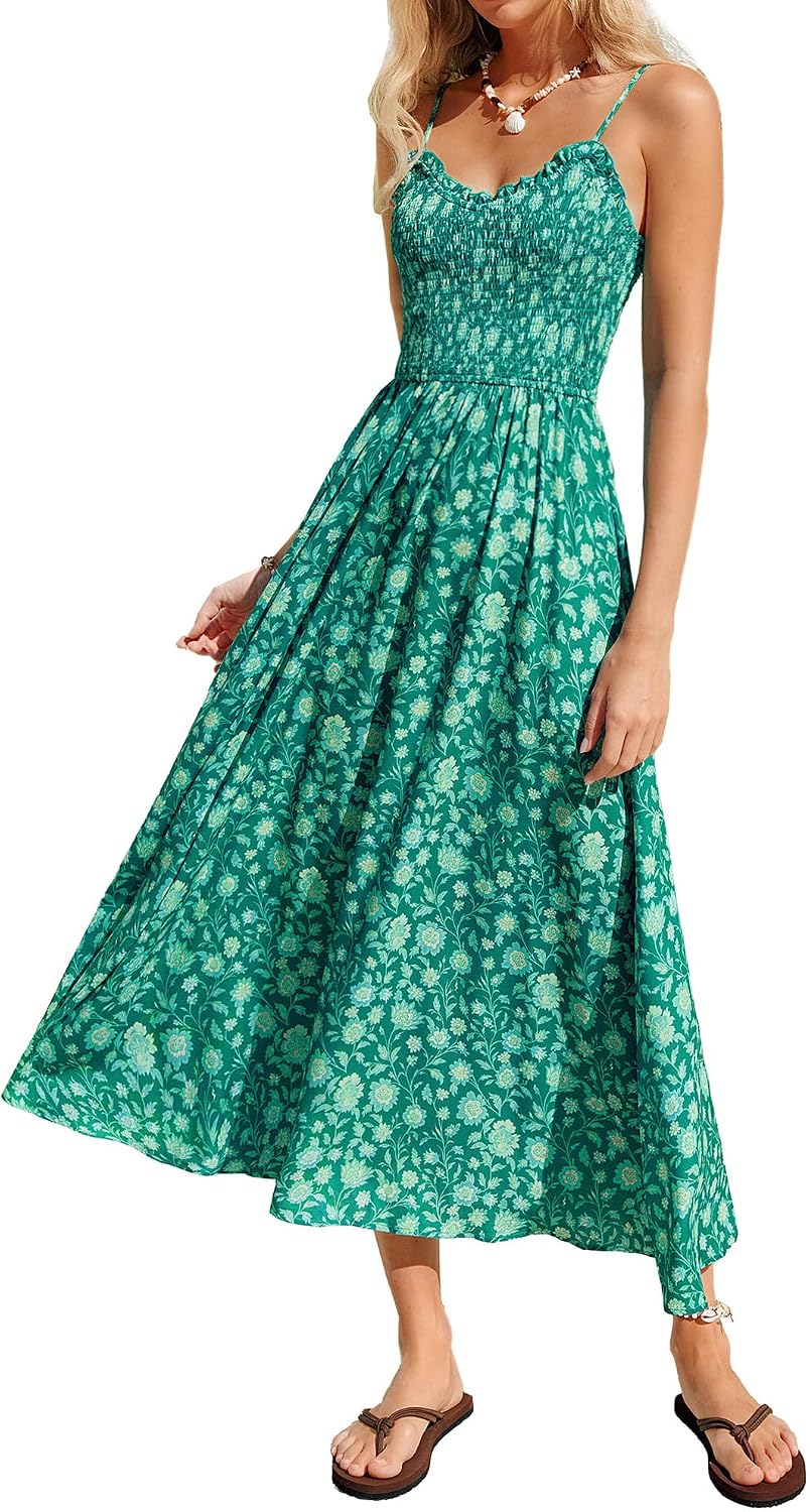 Kate Kasin Womens Summer Floral Maxi Dress, Long Beach Boho Smocked Dresses, Vacation Sundress with Pockets 2026