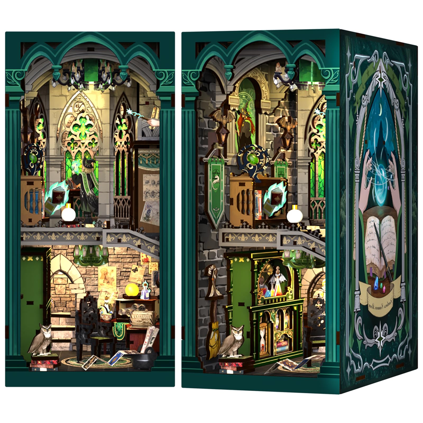 Cutefun DIY Book Nook Kit mit Einsteckbar Staubschutzplatte, Miniatur Puppenhäuser Haus Kit, Bookshelf Decor, Bücherecke, Booknook Häuser Modellbausätze mit LED Leuchten (P-Darkness Common Room)