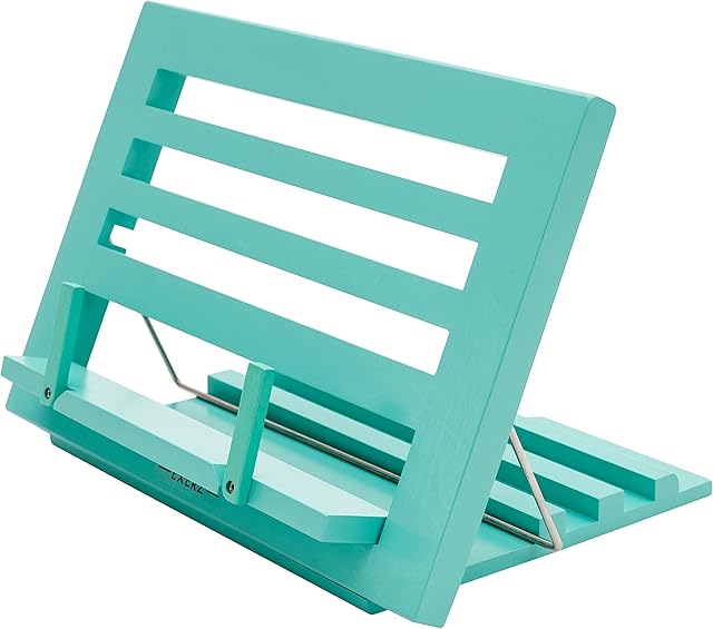 EXERZ Cookbook Stand Wooden Bookrest Cookery Recipe Holder Reading Rest -34 x 24 x 2 cm Adjustable Height - For Kitchen Home Office Book iPad Tablet - Premium Quality Beech Wood (Blue)