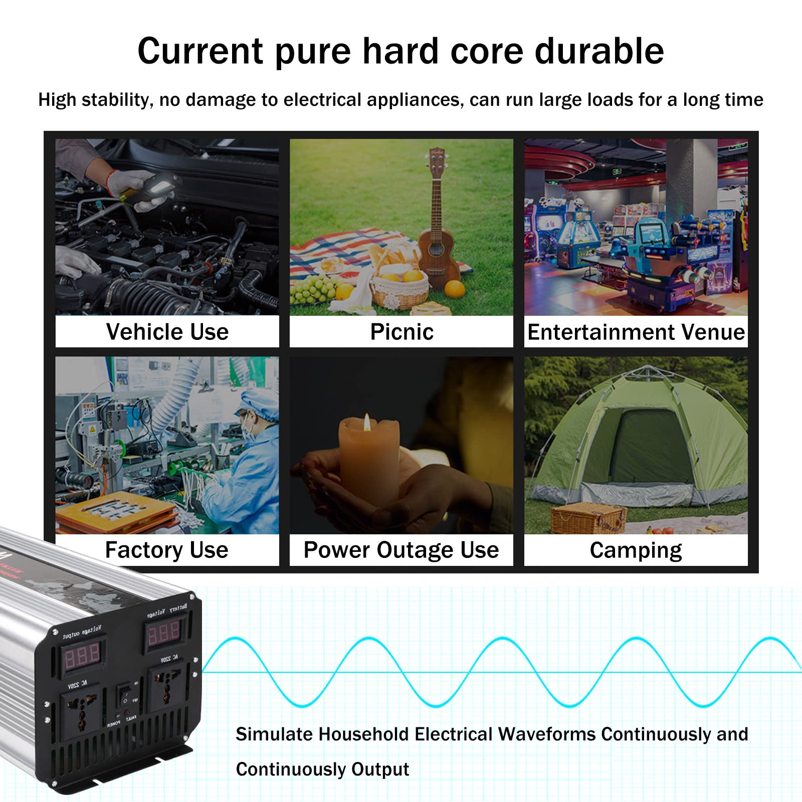 2000W 3000W 4000W 5000W 6000W fala sinusowa czysta 12V 24V 48V 60V 72V do 110V 220V DC do AC z 2 gniazdami AC, do samochodu kampera, łodzi, domowego układu słonecznego,2500W-12Vto110V