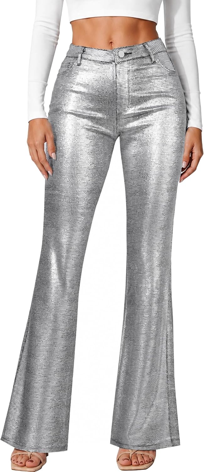 Avanova Women Faux Leather Metallic Flare Pants High Waisted Leggings