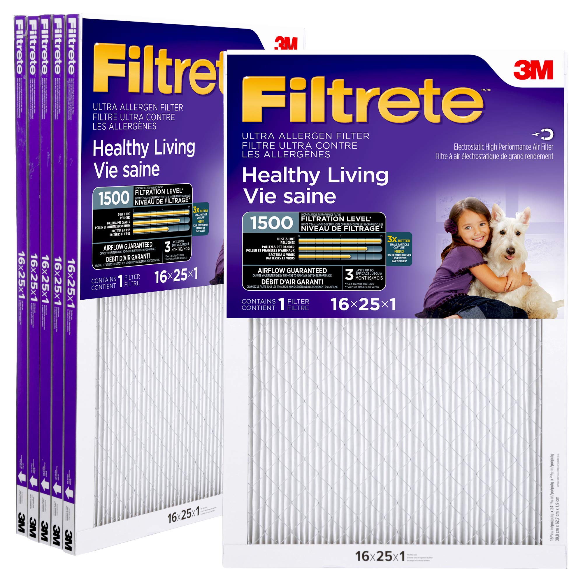 Filtrete 16x25x1 Furnace Filter  MPR 1500  MERV 12  Healthy Living Ultra-Allergen 3-Month Pleated 1-Inch Air Filters  6 Filters