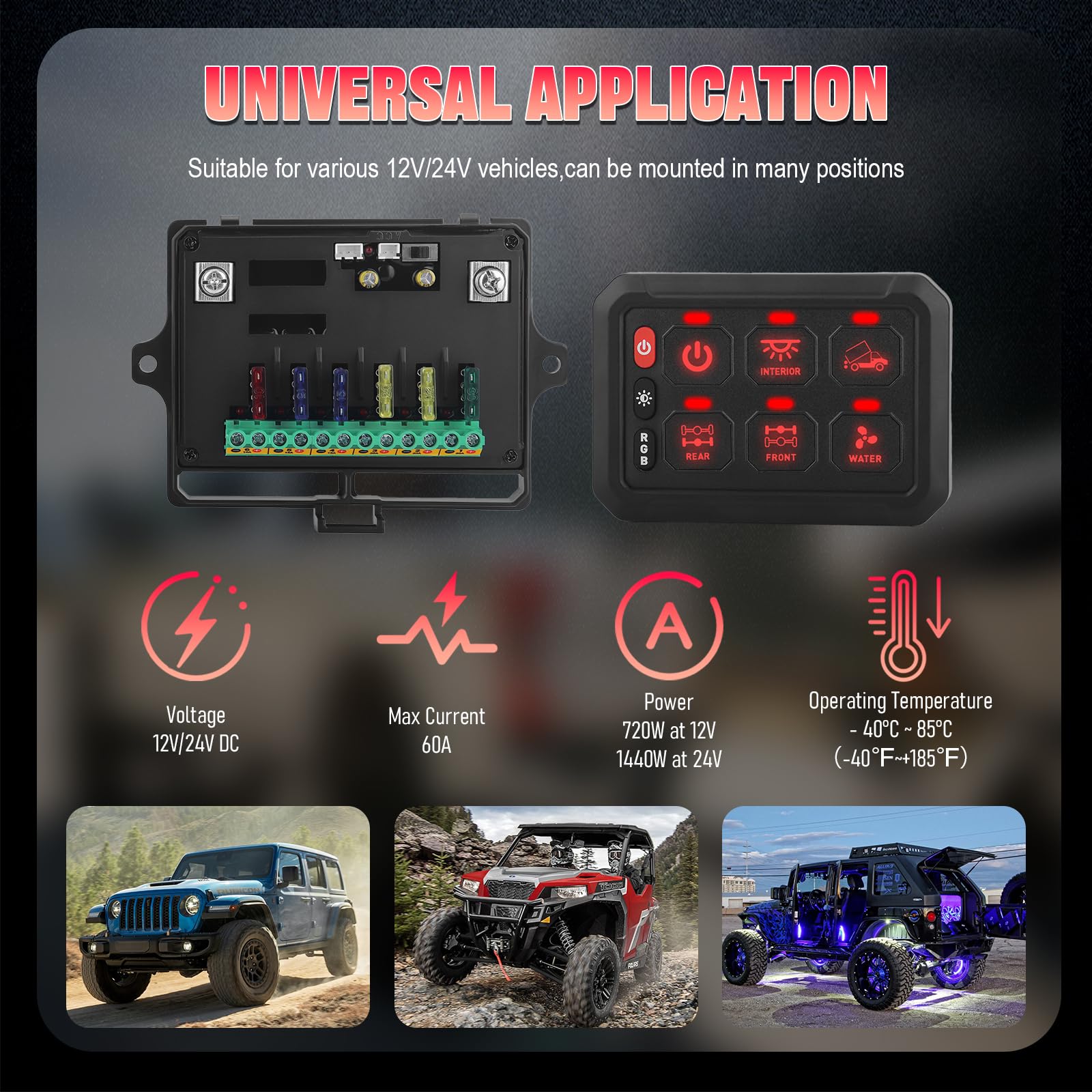 Chelhead Panel de interruptor remoto Bluetooth de 6 bandas, retroiluminado RGB, luz estroboscópica, multifunción, panel de interruptor auxiliar multifunción con control de aplicación, impermeable
