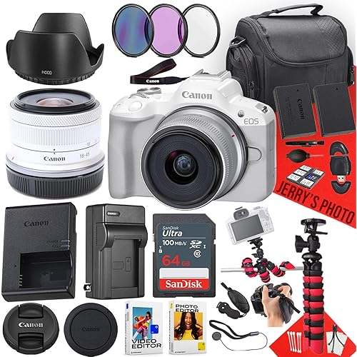 Canon EOS R50 Mirrorless Camera (White) with RF-S 18-45mm f/4.5-6.3 is STM Lens + 64 GB Memory + Hood + Extra Battery + Battery Charger + Filters + More (25pc Bundle) (Renewed)