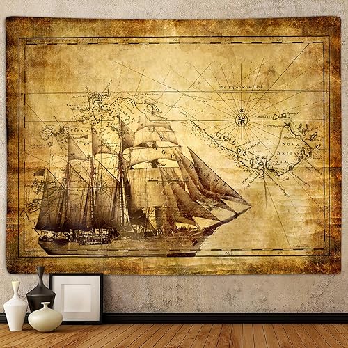 Tapiz de mapa antiguo, vintage náutico, tesoro, mapa del mundo, tapices para colgar en la pared, para hombres, dormitorio, universidad, dormitorio,