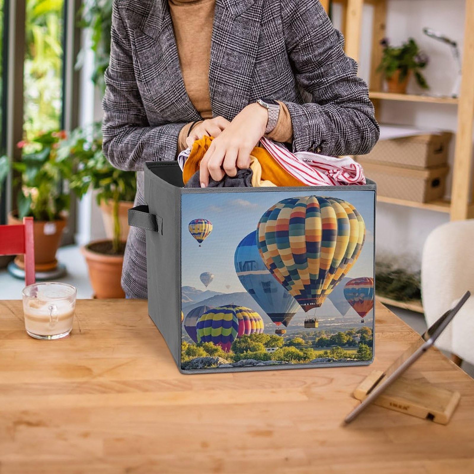Cubos de almacenamiento de globos de aire caliente, cestas de almacenamiento plegables de tela decorativas para organizar organizadores del hogar con asas, cestas de almacenamiento de tela