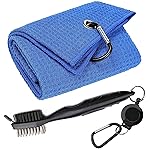 Aebor Golf Towels, Microfiber Waffle Pattern Tri-fold Golf Towel - Brush Tool Kit with Club Groove Cleaner, with Clip Men Women Golf Gifts (Blue Towel+Black Brush)
