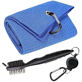 Aebor Golf Towels, Microfiber Waffle Pattern Tri-fold Golf Towel - Brush Tool Kit with Club Groove Cleaner, with Clip Men Women Golf Gifts (Blue Towel+Black Brush)