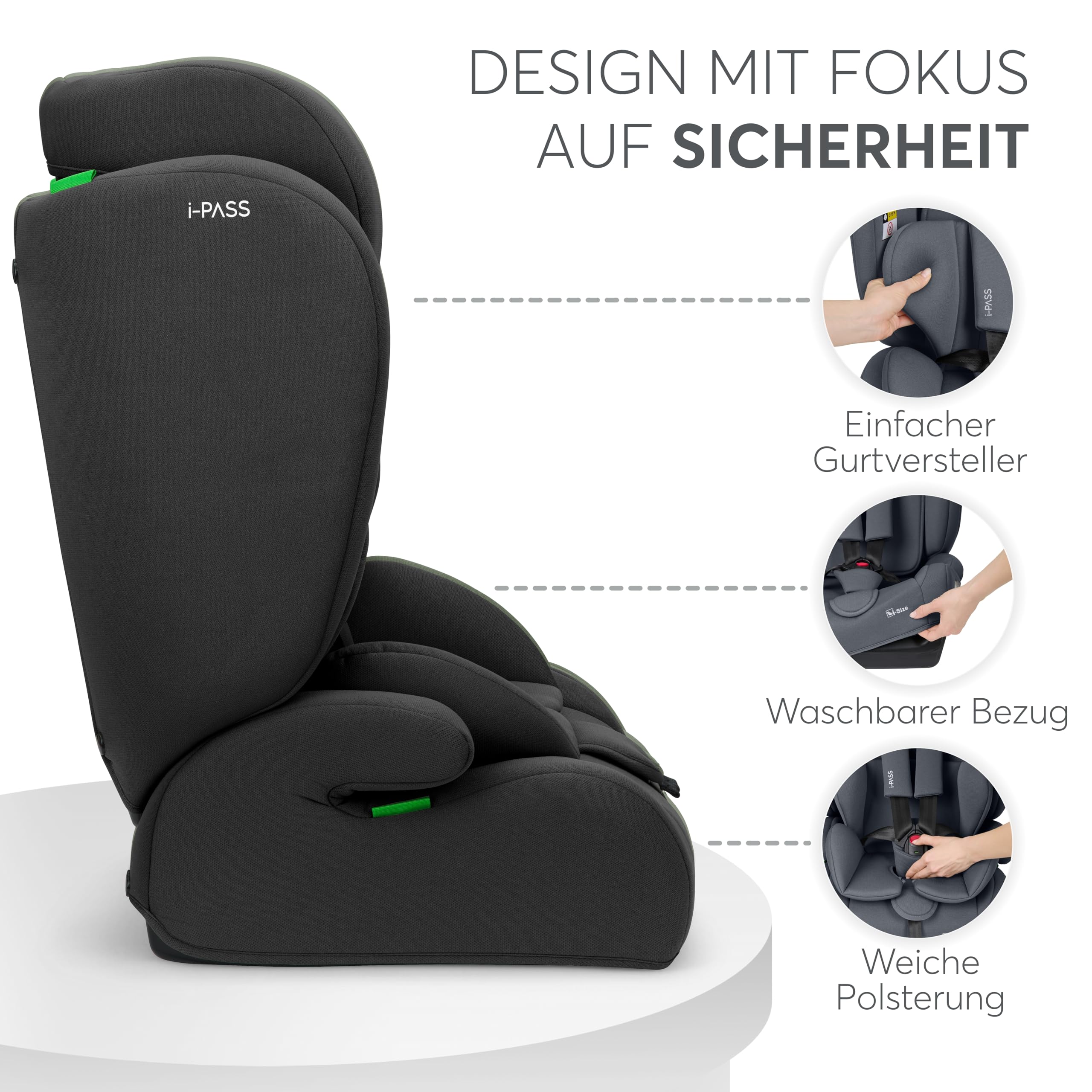 KikkaBoo Auto Kindersitz 9-36 kg i-PASS i-Size Gruppe 1/2/3 76-150 cm Schwarz