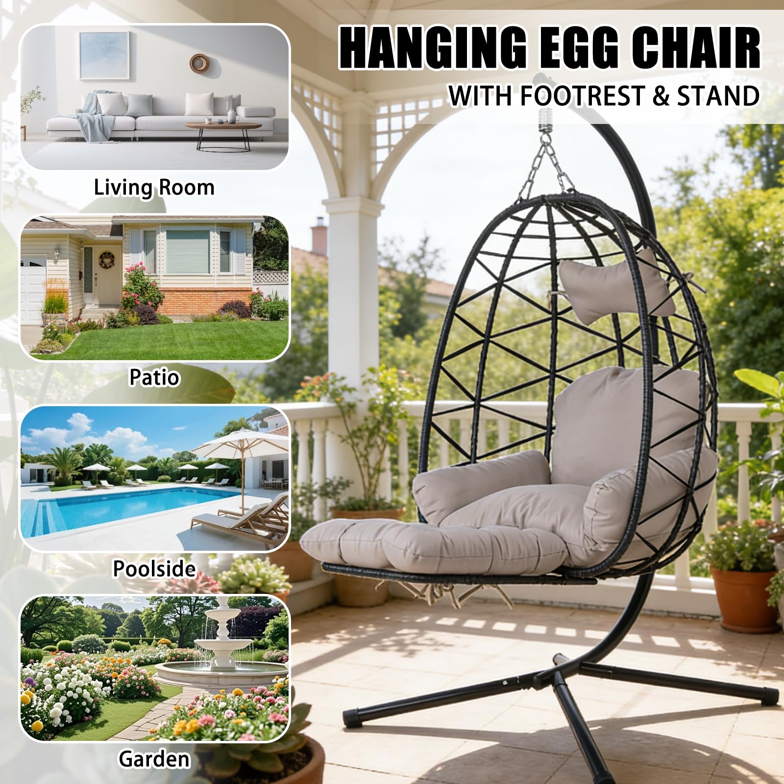 Silla colgante de huevo con soporte y reposapiernas, silla oscilante de mimbre de ratán con cojín, silla colgante de cesta de patio, silla hamaca de mimbre para interiores y exteriores, dormitorio