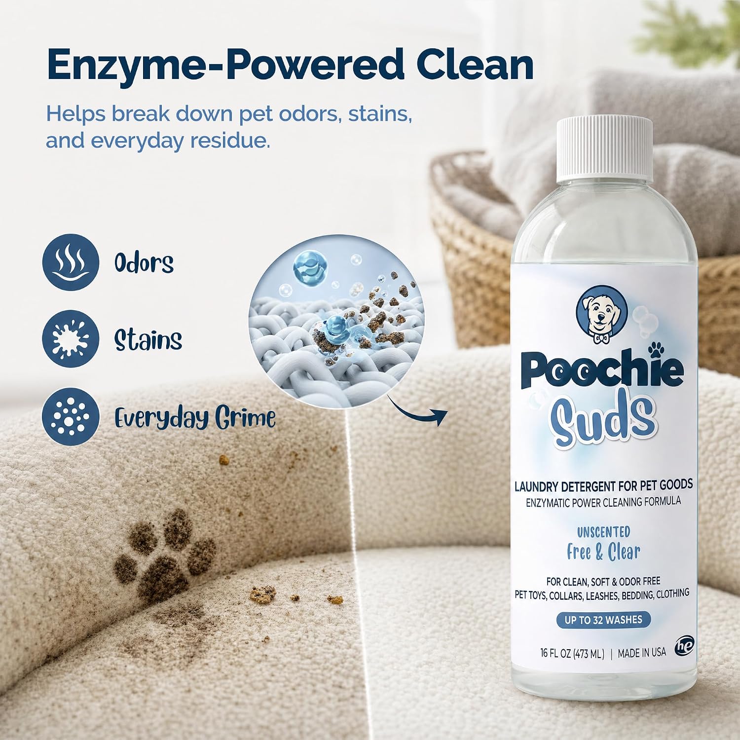 Poochie Suds Pet Laundry Detergent, Enzyme Cleaner and Odor Remover, Hypoallergenic and Fragrance-Free Pet Safe Detergent for Dog and Cat Bedding, Blankets, Toys and Gear, Made in USA, 32 fl oz image 4