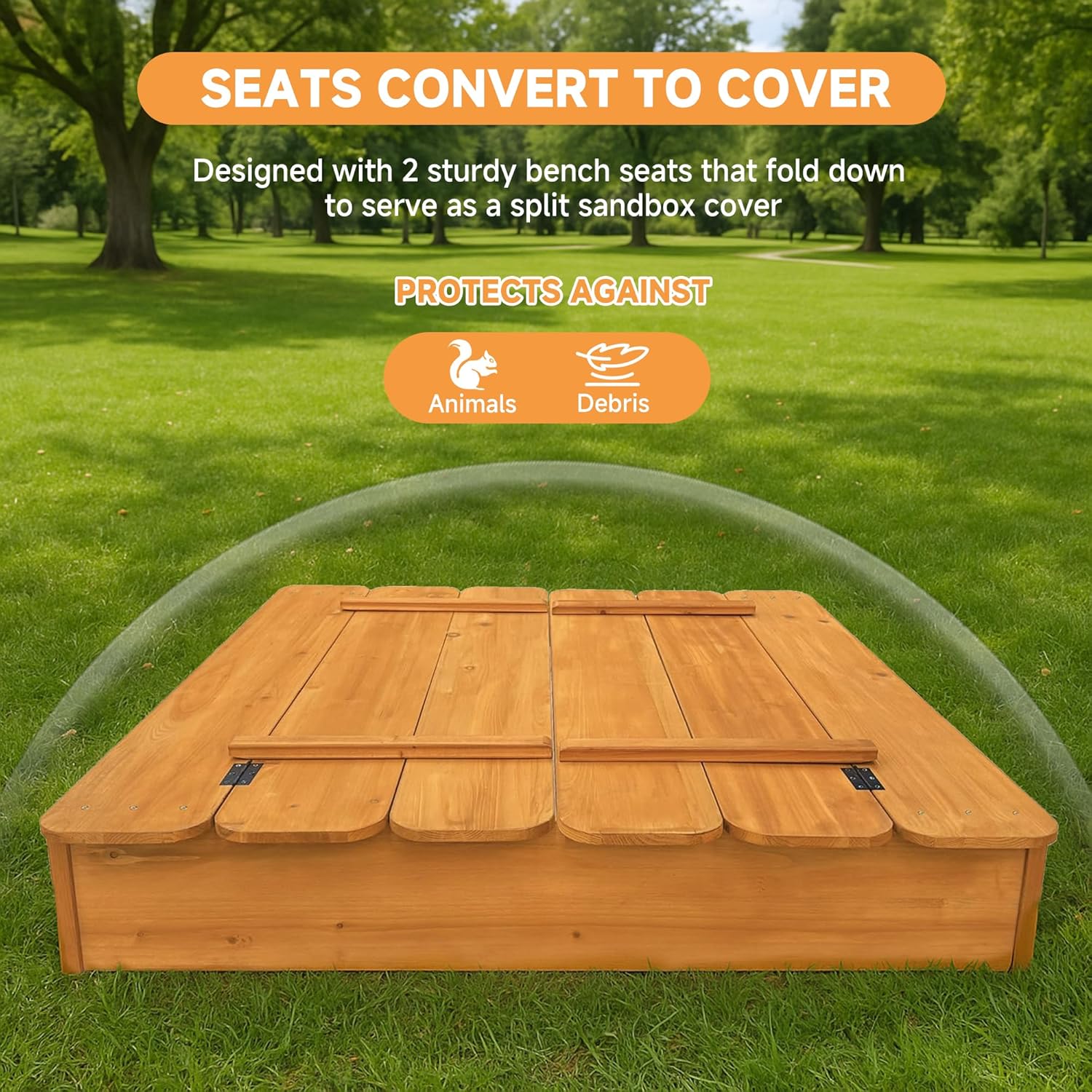 Large Wooden Outdoor Sandbox with Lid Cover Foldable Bench Seat Bottom Liner Sand Box for Garden Patio Beach Backyard Play Sand Pit Aged 3-12 Years Old 48x48 inch (Brown-lidless)