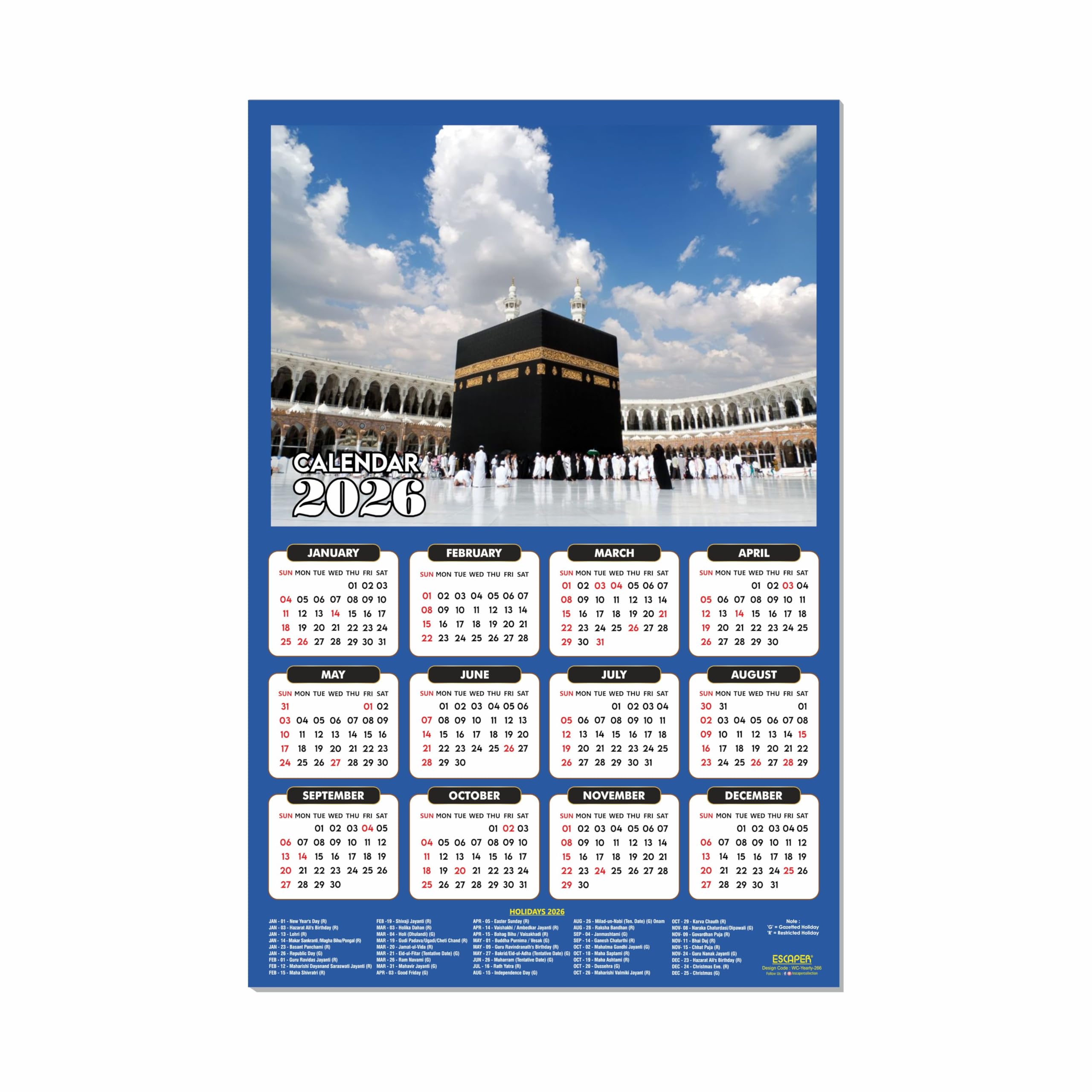 ESCAPER Muslim Wall Calendar 2026 hanging Decoration (45 x 30 cm), Islamic Wall Decor, Arabic Calligraphy, Allah Wall Calendar 2026, Muslim home decor items, New Year Calendar 2026