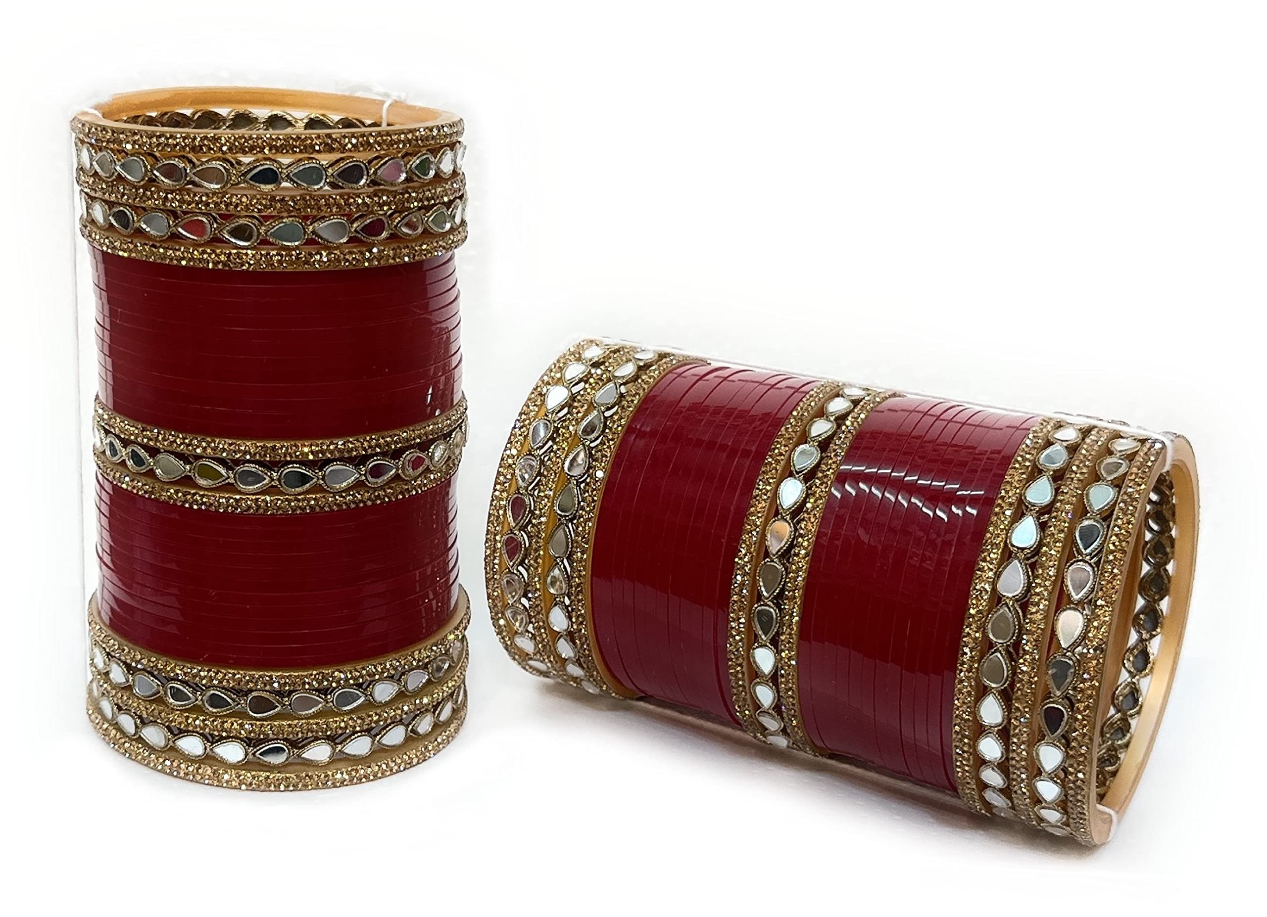 PRIYA KANGAN Rose Gold Bridal Ad Punjabi Chuda Set, Indian Traditional Choora Set Comes With Beautifull Wooden Bangle Box For Girls. (Mirror 2, Large 2-8 (Diameter 2.5 Inches)) (B0BY775M33) Amazon Price History, Amazon Price Tracker