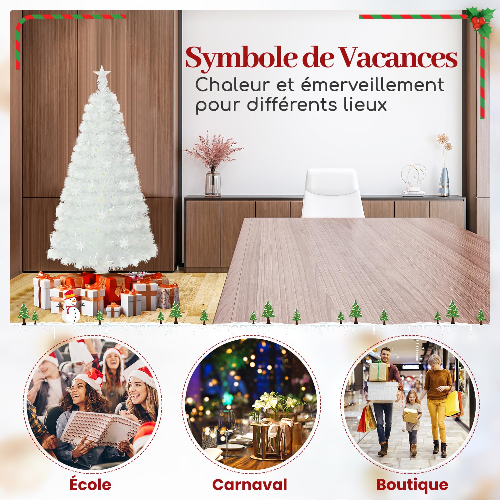 GYMAX Sapin de Noël Artificiel 150cm Lumineux LED, 24 Flocons de Neige de Lumières Multicolores, 170 Branches Blanches en Fibres Optiques, Support en Métal, pour Maison Magasin École Bureau