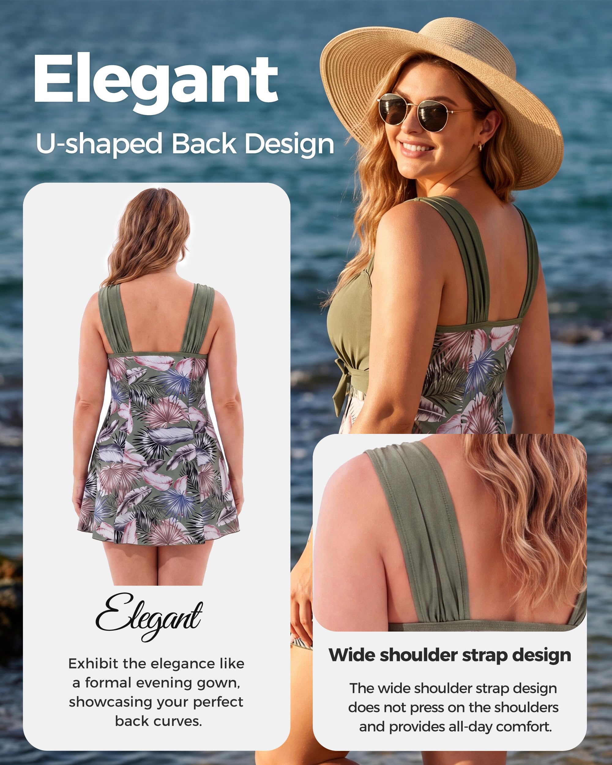 Wantdo Damskie jednoczęściowe stroje kąpielowe z szortami Eleganckie stroje kąpielowe z dekoltem w szpic Wąskie sznurowane stroje kąpielowe Plus Size Tankini nadruk
