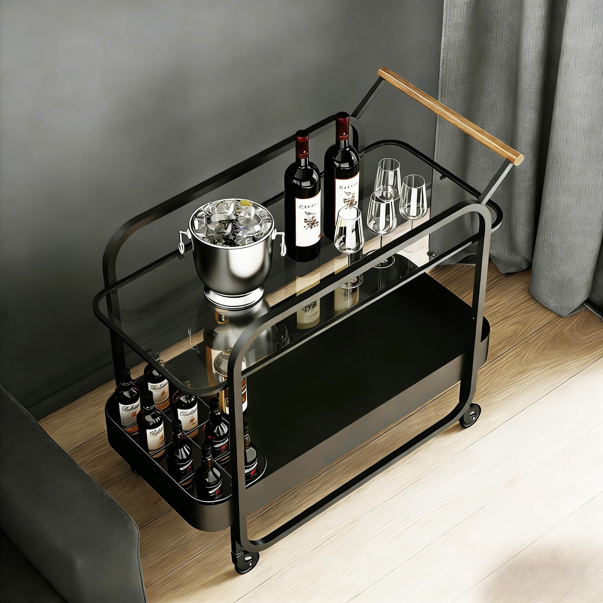 Chariot de Bar 2 Niveaux, Table Roulante pour Boissons avec Plateau en Verre Trempé et Porte-Bouteilles, Bar Roulant avec Roues Freinables, Chariot de Rangement pour Cuisine, Salon, Noir