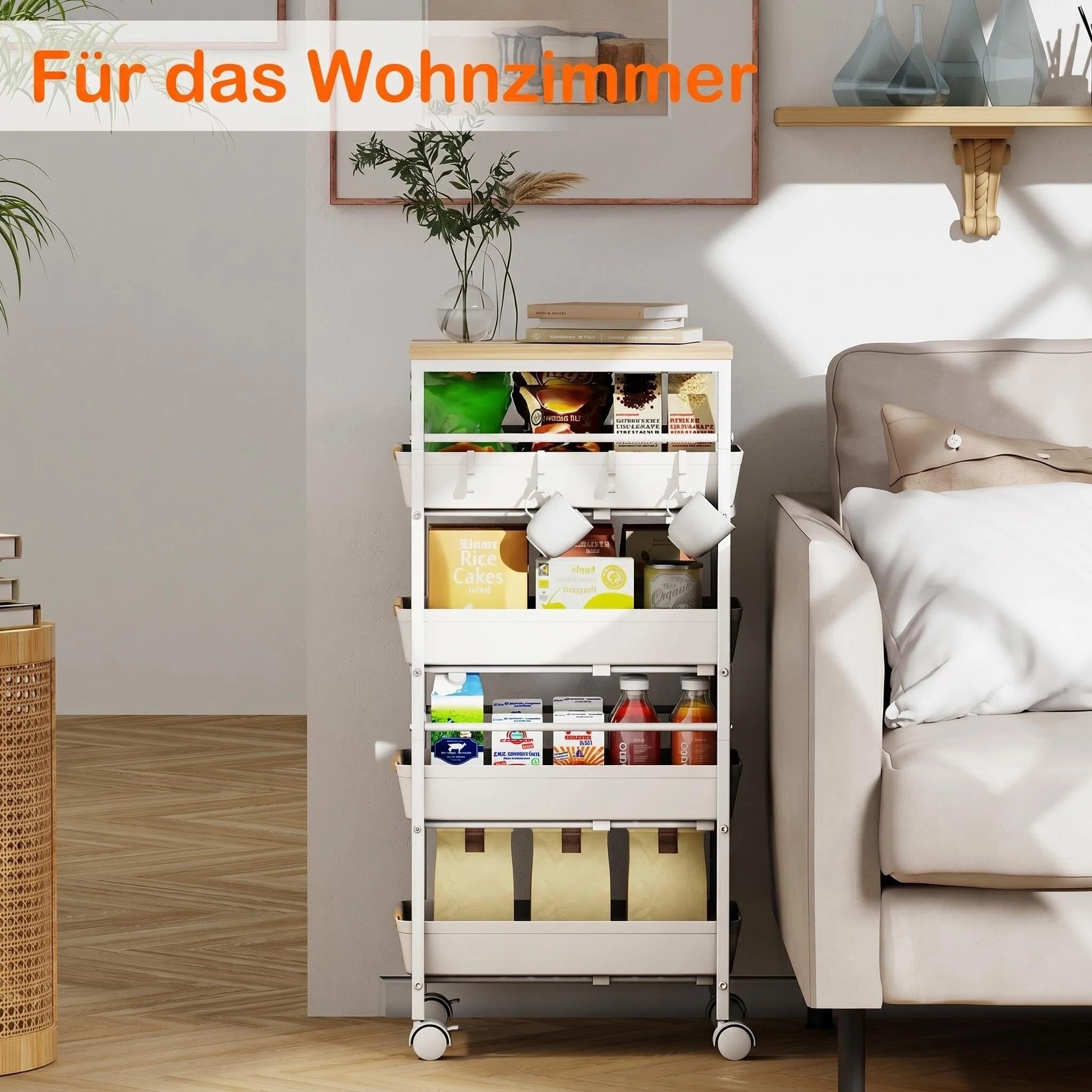Küchenwagen mit 5 Ebenen & herausnehmbarer Schublade, Aufbewahrungswagen aus Metall mit Holzplatte, belüfteten Körben und Rollen, Snack-Organizer für Obst und Gemüse(32,5x36,5x82 cm, Weiß​​)