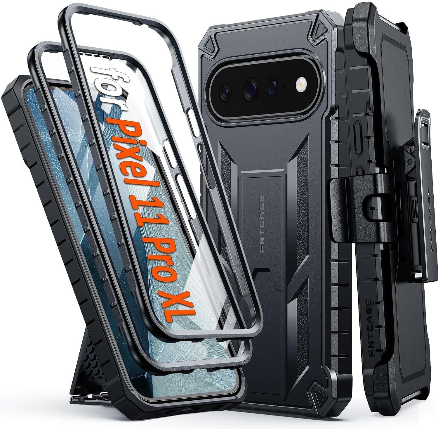 FNTCASE for Google Pixel 11 Pro XL Case with Belt Clip Holster, Kickstand | Built-in Screen Protector, 2 Front Frames, 20FT Military-Grade Drop Protection, Rugged Heavy Duty Shockproof Protective Cover