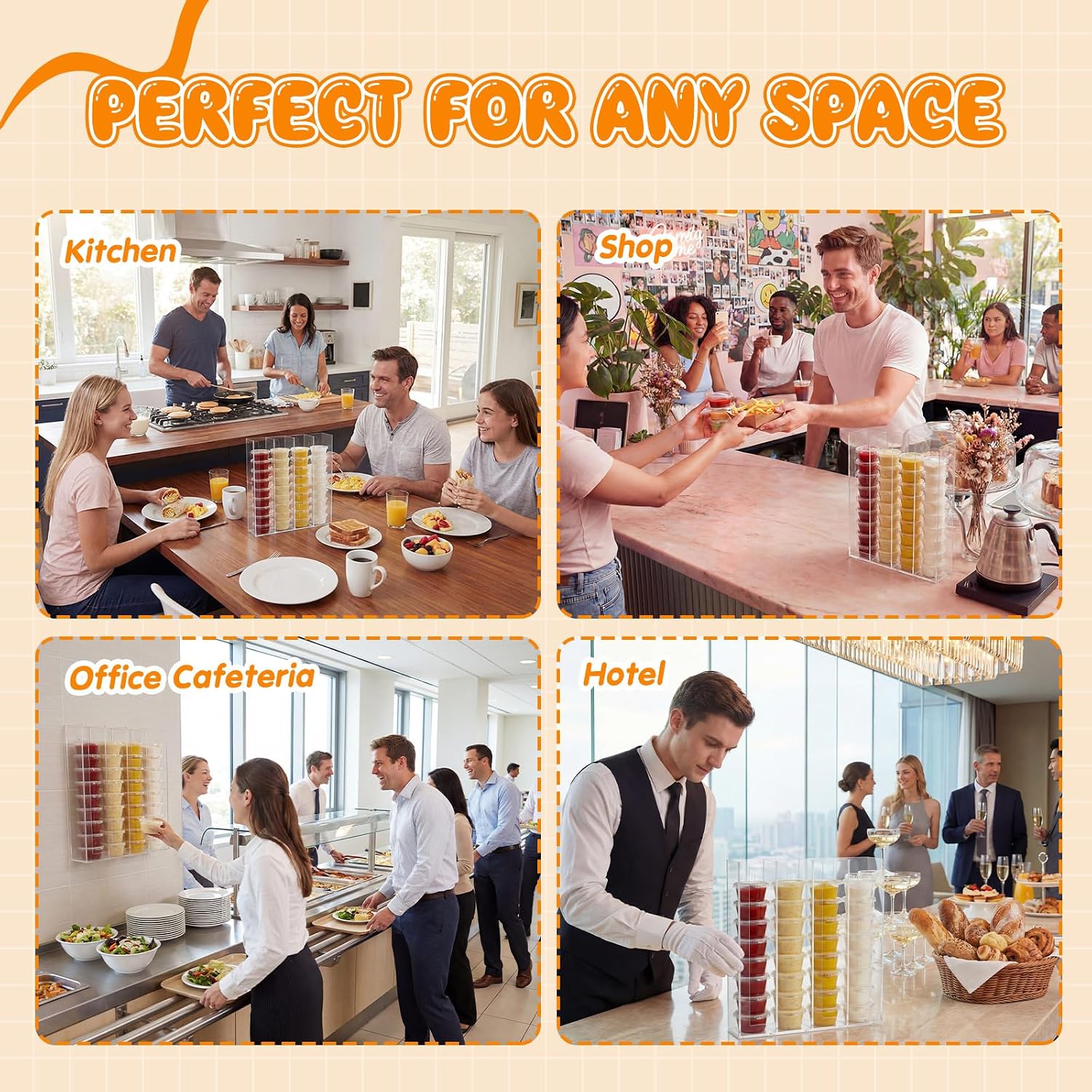 Sliner Acrylic Wall Mount Portion Sauce Cup Lid Organizer, 4 Compartment Clear Disposable Cup Holder for Storage in Restaurant, Kitchen, Cafes, Include Screws and Anti-slip Pads, Fit 1/1.5/2 oz Cups