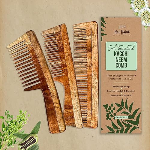 Miniatura 3 de Nat Habit - Peine de neem natural, peine de madera, crecimiento del cabello, para hombres y mujeres, tratado con aceite de neem, dientes dobles y
