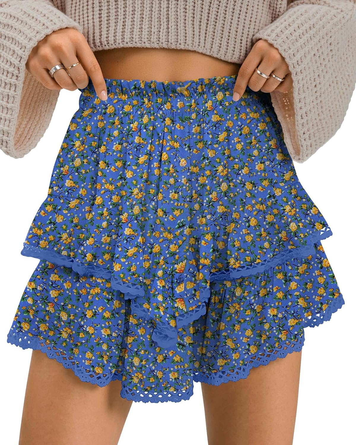 TARSE Womens Flowy Shorts High Waist Pleated Mini Skirts Casual Boho Ruffle Tiered Skorts Cute Versatile Fashion Shorts