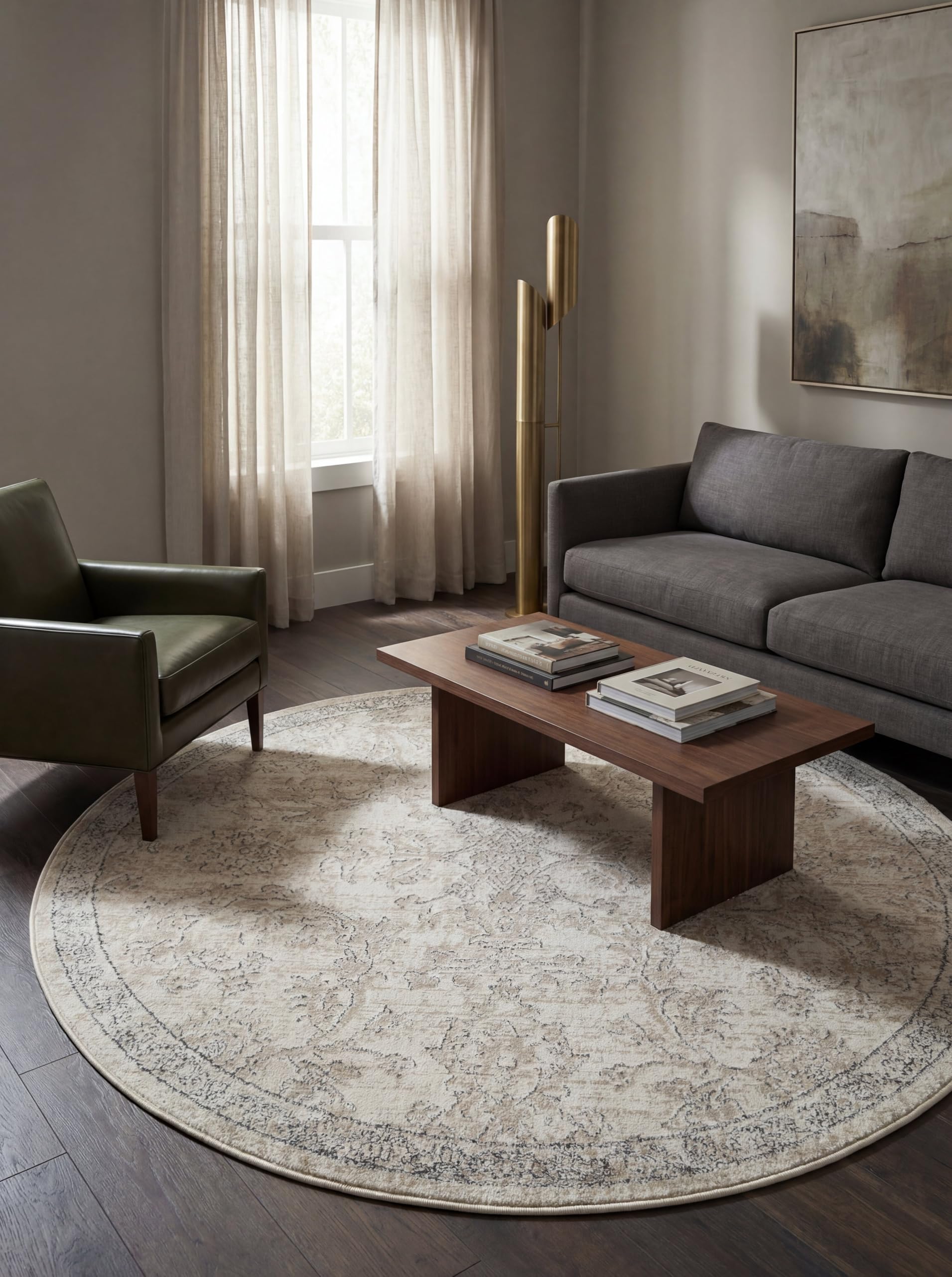 Rugs.com Oregon Collection Rug – 5 Ft Round Ivory Low-Pile Rug Perfect for Kitchens, Dining Rooms