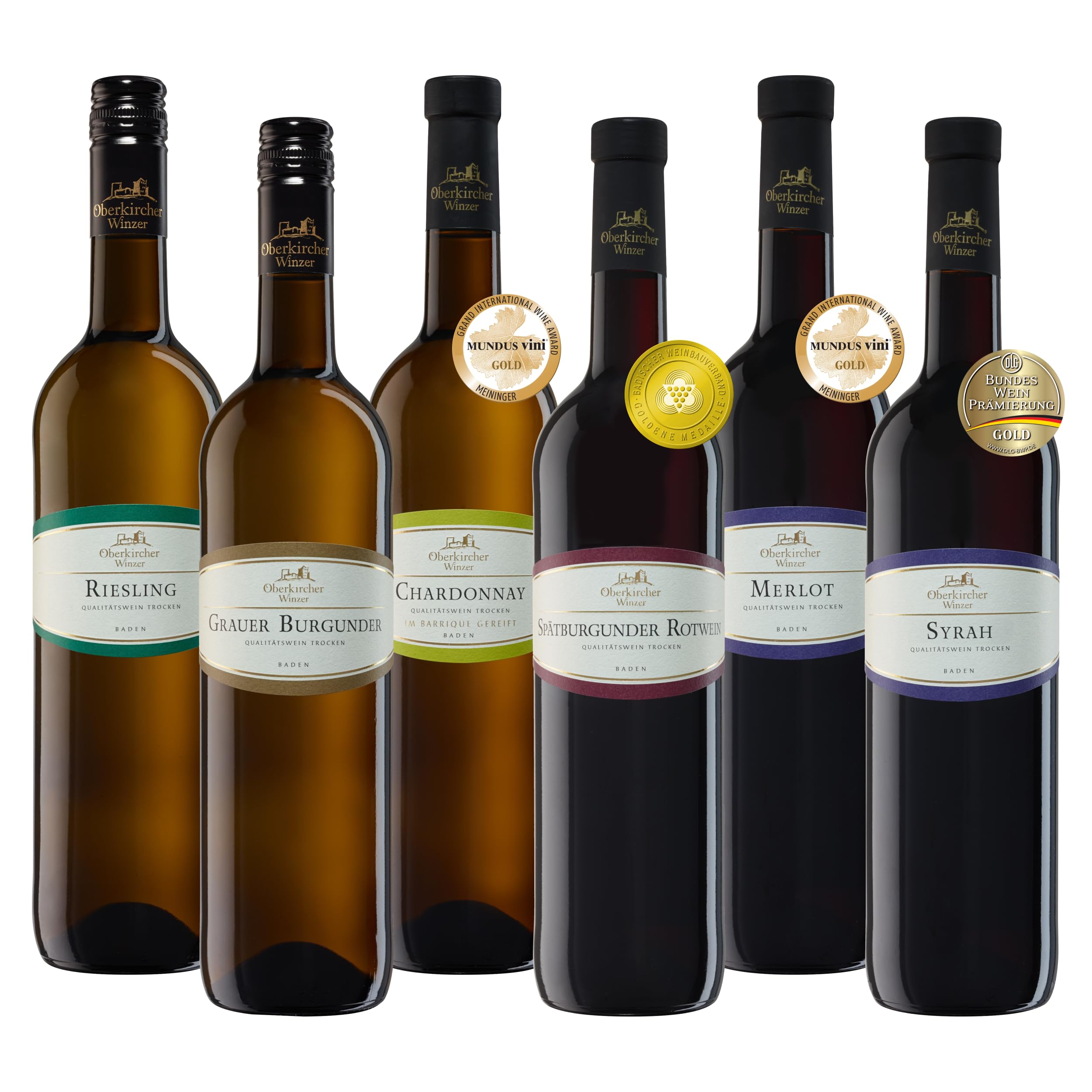 Oberkircher Winzer Wein Probierpaket - VINUM NOBILE - Riesling, Grauburgunder, Chardonnay, Spätburgunder, Merlot, Syrah - Premium Weißweine & Rotweine trocken aus Baden (6 x 0,75l)
