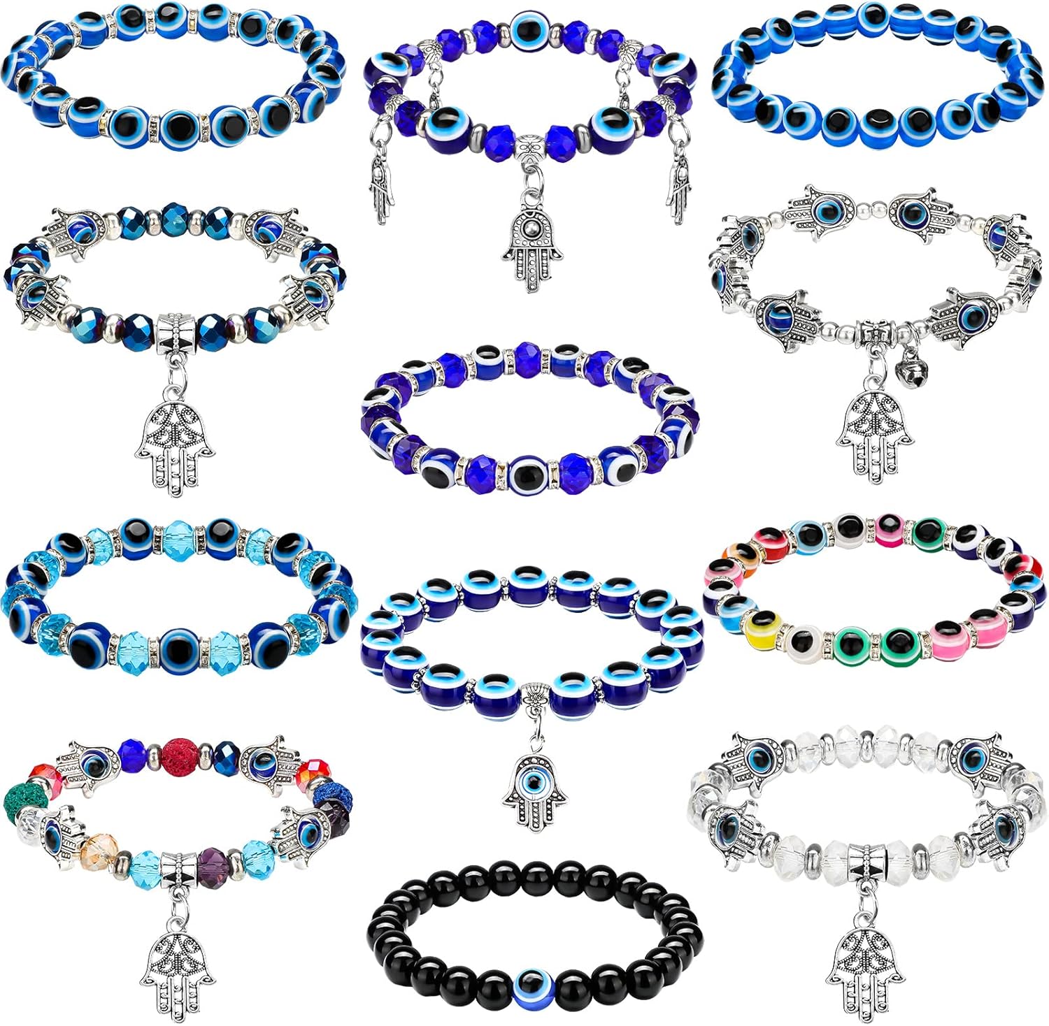 Junkin 12 Pcs Evil Eye Beaded Charm Bracelets for Women, Greek Blue Eye Hamsa Stretch Bracelets Turkish Lucky Hand of Fatima Protection Wristband for Women Men Blessing