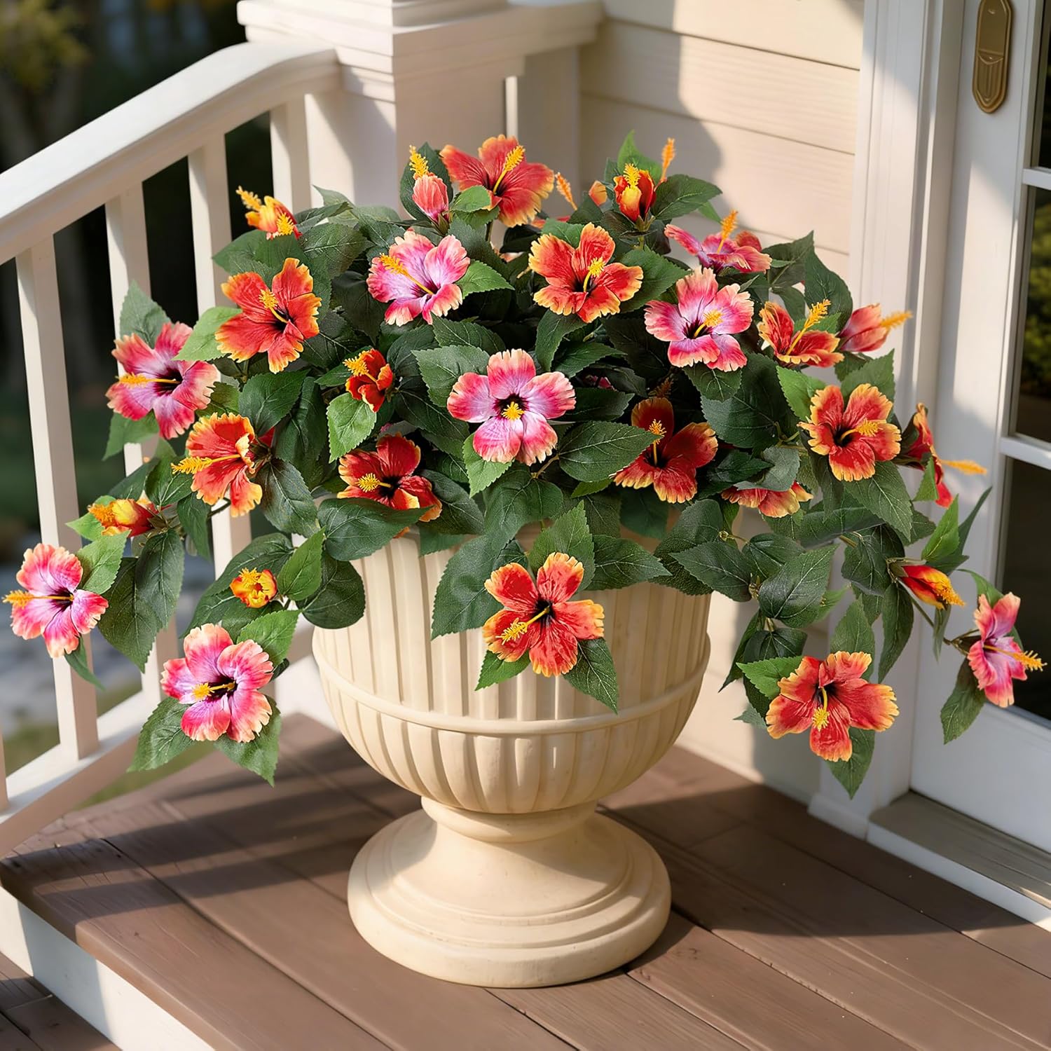 Hrobek Artificial Fake Flowers for Outdoors Decoration, 2PCS Faux Hibiscus Flowers for Outside Planters，Realistic Silk Plants with UV Resistant No Fade for Home Porch Garden Balcony Yard Decor