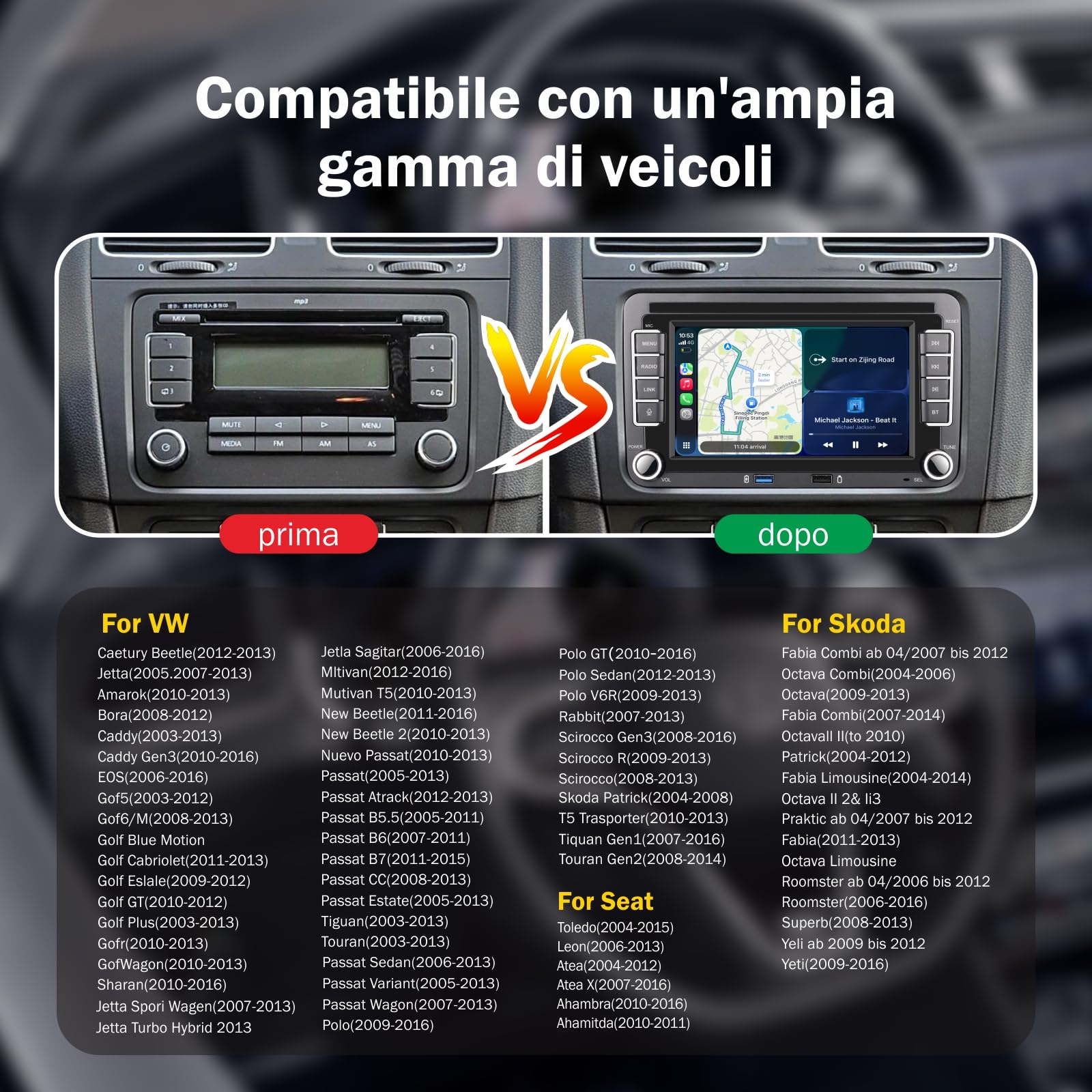 [Prestazioni Elevate] Autoradio Linux 7" IPS con Autoradio con CarPlay senza fili Android Auto, Bluetooth, FM/AM, USB, EQ – per VW Golf 5/6, Passat, Jetta, Caddy, Polo, CC, Tiguan, EOS, Touran, T5