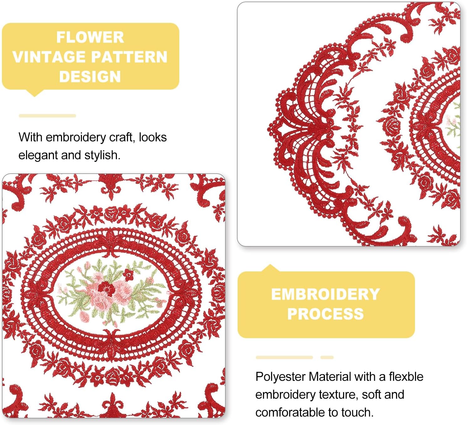 uxcell 6Pack Retro Lace Placemat 12x16-in Oval Embroidered Table Place Mats French Crochet Doilies Coasters Cup Mat for Home Wedding, Red