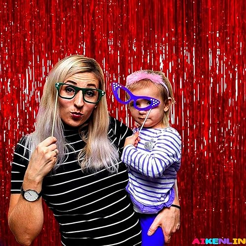 Miniatura 7 de Paquete de 4 cortinas de flecos de papel de aluminio rojo de 3.3 pies x 6.6 pies, cortinas de oropel metálico, cortinas de fondo para cabina de