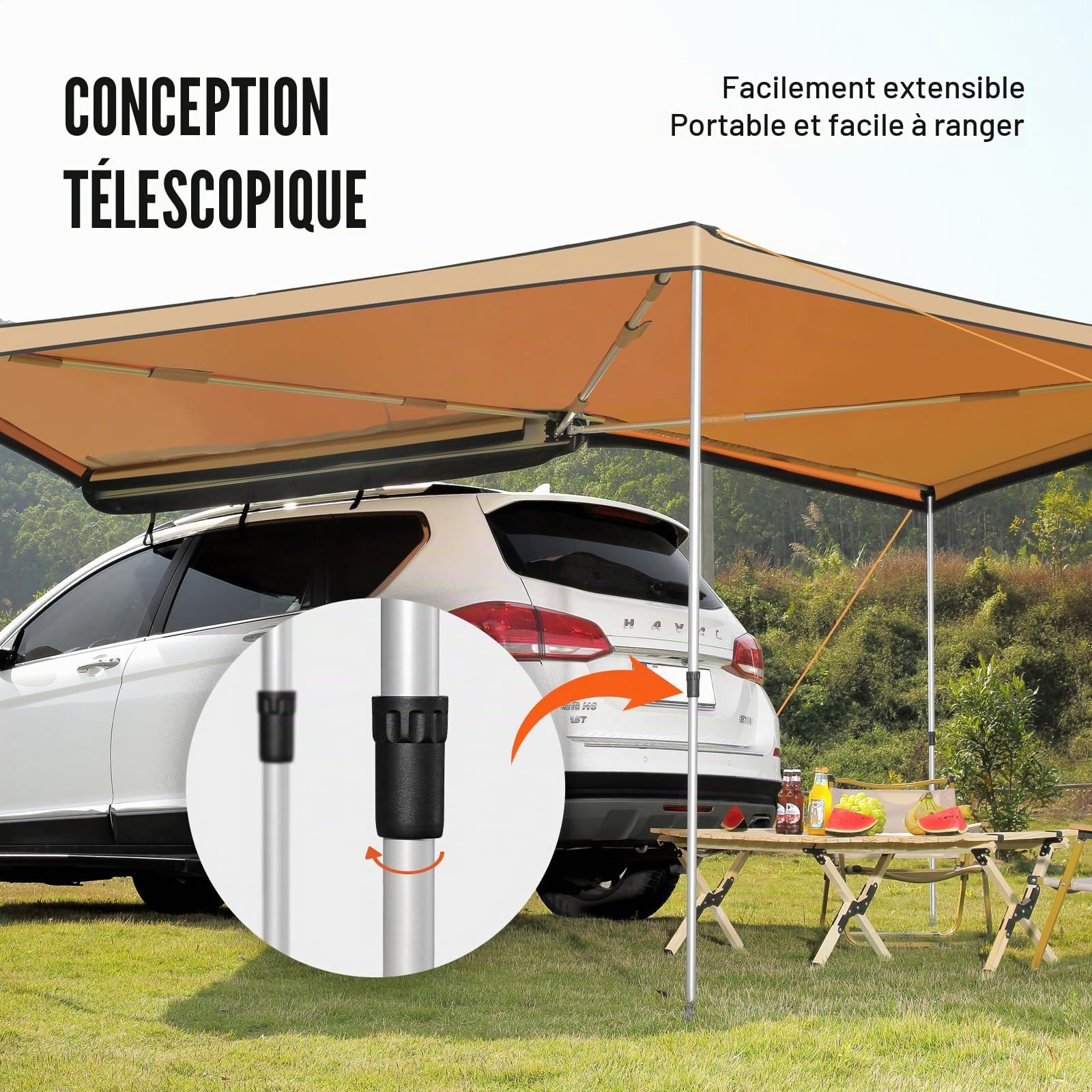 VEVOR Auvent Voiture Rétractable 270° 2,5 m Auvent Latéral Voiture PU3000 mm UV50+ Résistant Soleil/Eau/Vent avec Sac de Rangement en PVC, Auvent sur Côté/à l'Arrière pour Camions, SUV, Fourgonnettes