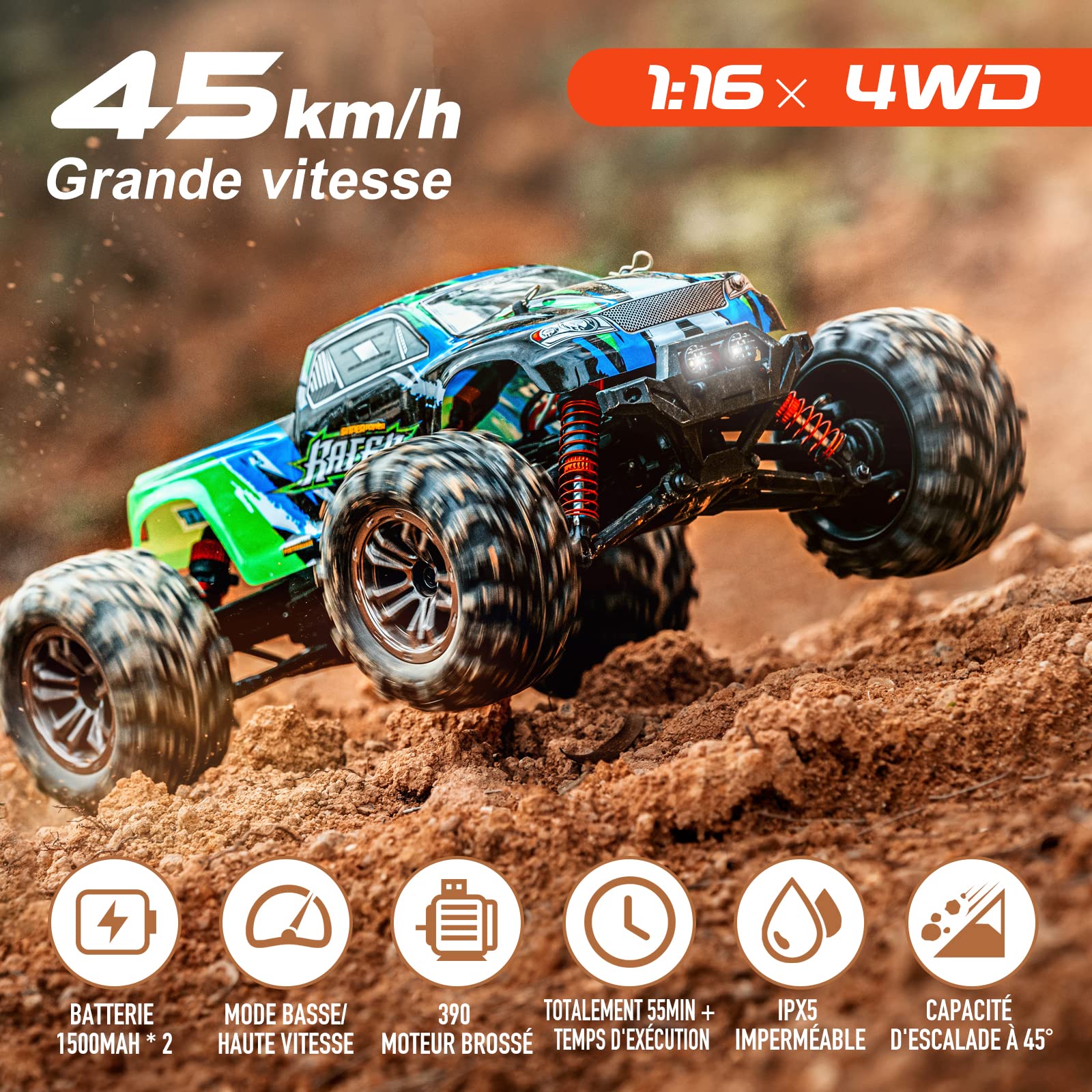YONCHER YC200 Voiture Télécommandée Tout Terrain Adulte, 1/16 45+km/h RC Voiture, 2.4GHz Voiture avec 4WD Camion Telecommande à Grande Vitesse, 4x4 RC électrique Crawlers Véhicule 2 Batteries 55min+