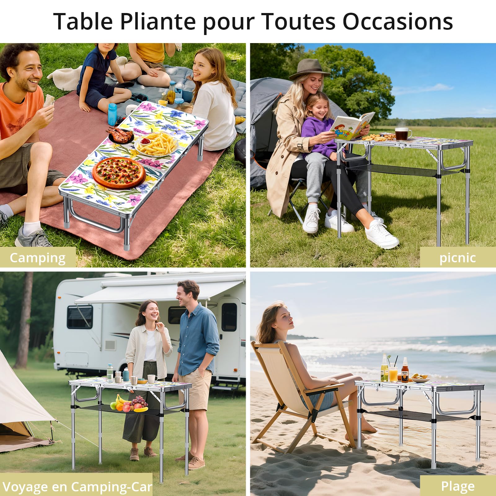 Anbte Table de Camping Pliante, Pique-Nique Table Pliante avec Rangement Net Table Portable 3 Hauteur en Aluminium+MDF pour Extérieur/Intérieur Plage Camping (Fleur)