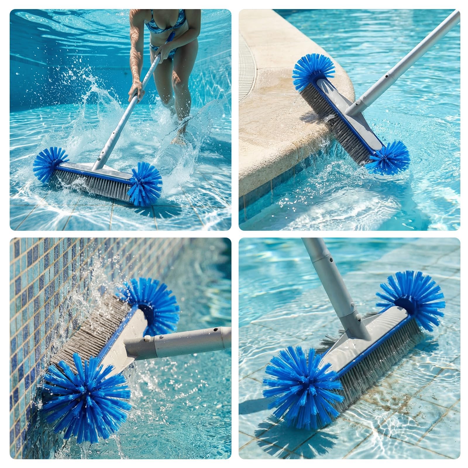 Brosse pour Piscine avec Manche Télescopique 220cm – Balai Nettoyage 43cm, Extrémités Rondes pour Protection – Kit Accessoire Réglable – Idéal Piscine Hors-Sol & Creusée