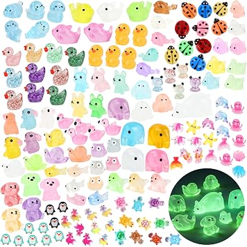 Ryaco 150PCS Mini Resin Animals Bulk, Various Luminous Plastic Tiny Animals Figures Glow in The Dark, for Dollhouse, Fairy Garden, Aquarium, Party Favors, Miniature, Landscape, Fish Tank, DIY