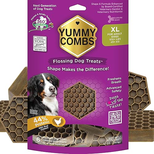 Yummy Combs Golosinas dentales para perros, aprobadas por veterinarios VOHC, deliciosa proteína de pollo, elimina el sarro con forma de peine de