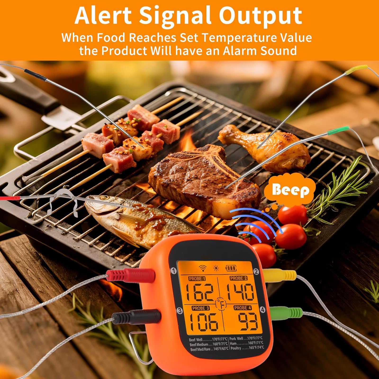Termómetros de cocina de cuatro sondas, conexión preestablecida, rango de temperatura, pantalla digital para uso en interiores y exteriores, termómetros digitales para barbacoa con pantalla