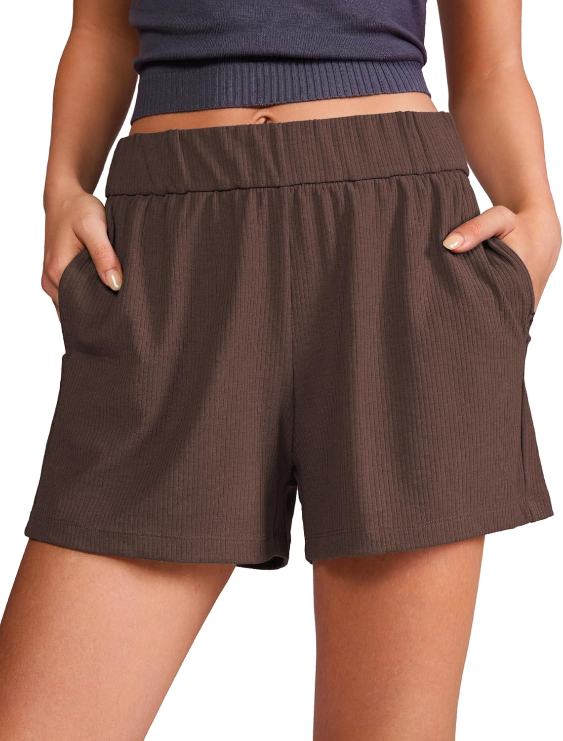 CRZ YOGA Comfy Ribbed Sweat Shorts for Women High Waisted Lyocell for Casual Lounge Athletic Jersey with Pockets