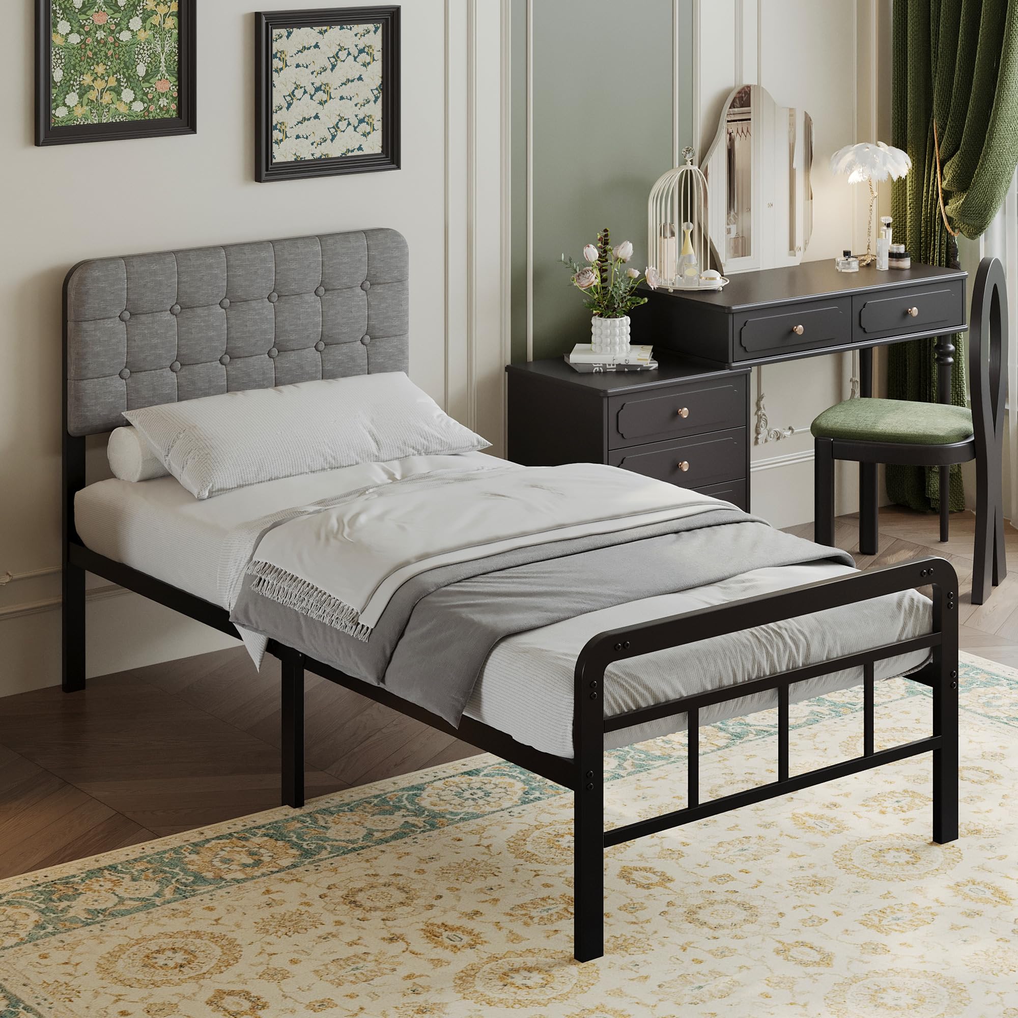 EMODA Struttura letto in metallo con testiera e pediera imbottite, struttural letto in matallo alta 36 cm, 90 x 190 cm con supporto a doghe in acciaio resistente, silenziosa, facile da montare