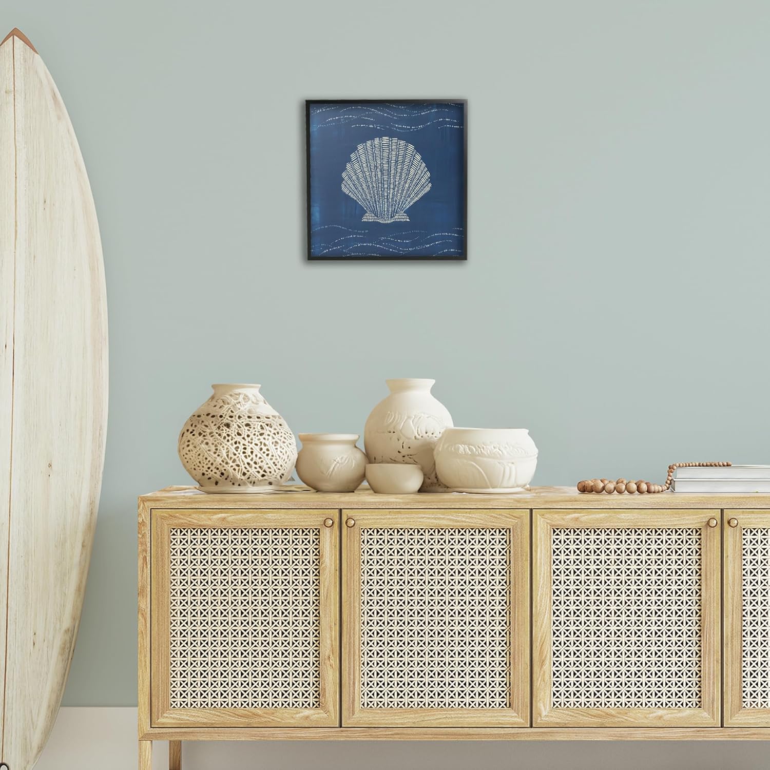 Stupell Industries Clam Shell on Blue Framed Giclee Art Design by Jetty Home, LLC